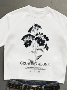 Salvezio 美式復古黑白花卉英文字體時尚印花男士白色標準尺寸短版寬鬆短袖T恤 - 白色 - 查看 2