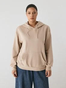 YARNWELL Sweatshirt Hoodie Kasual Wanita Ukuran Besar dengan Bahu Longgar dan Saku, Tali Serut, untuk Musim Gugur - Coffee Brown - View 8