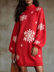 SHEIN Autumn/Winter New High Neck Dropped Shoulder Long Sleeve Ribbed Cuff Contrast Color Snowflake Pattern Jacquard Long Length Fashion Casual Holiday Vacation Long Sweater For Women - Multicolor - View 6