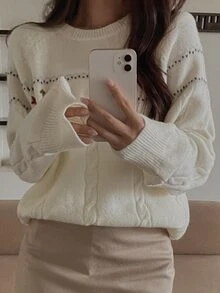 DAZY Women's Colorblock Pattern Jacquard Loose Long Sleeve Cable Knit Pullover Sweater, Casual Vacation Spring/Autumn - White - View 4