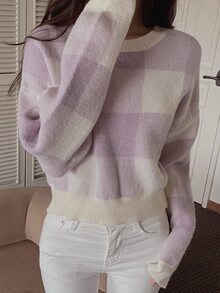 DAZY Women's Colorblock Plaid Loose Short Long Sleeve Crew Neck Casual Vacation Spring Autumn Knit Sweater - Purple - View 6