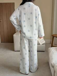DAZY 2pcs/Set Women's Loose Long Sleeve Cardigan Striped Star Pattern Pajama Set Fall - Blue - View 2