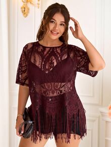 Reflora Plus Size Women's Lace Casual Versatile Everyday Top - Burgundy - View 3