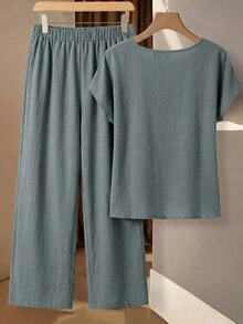 SHEIN Clasi Women's Summer Vacation Casual Versatile Shirt & Pants Set - Mint Green - View 2