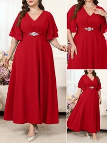 Reflora Plus Size Women's V-Neck Ruffle Short Sleeve Waist Rhinestone Decor Elegant Dress - Red - View 1