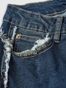 ROMWE Autumn/Winter Y2K Vintage Washed Denim Embroidered Frayed Hem Flare Jeans For Women - Medium Wash - View 4