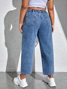 SHEIN EZwear 大尺碼女款休閒日常牛仔褲，附口袋、鈕扣與破洞設計 - 藍色 - 查看 2