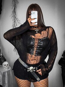 Whyspr Plus Size Y2K Vintage Distressed Dark Style Long Sleeve Pullover Sweater, Suitable For Holiday Outfits Halloween - Black - View 5