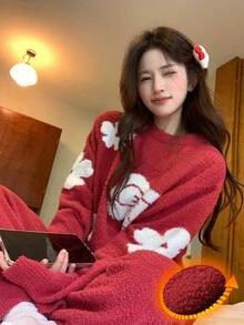 DAZY Autumn/Winter Soft & Cozy Floral Bow Half-Fleece 2 Pieces Pajama Set Loungewear For Women - Red - View 4
