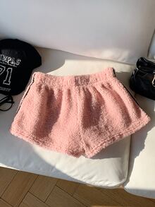 Comfortcana Women's Winter Comfortable Plush Striped Drawstring Waist Shorts - Pink - View 2
