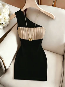SHEIN 女款新款時尚百搭不對稱單肩無袖修身優雅約會洋裝 大尺碼 - 黑色 - 查看 3