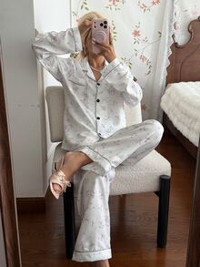 CottageSlumber Bubble Crinkle Floral Rabbit Print Collared Long Sleeve Pants Pajama Set - White - View 6