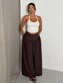 Glamine 2026 Women's Elegant Casual Solid Color Button Design Wide Leg Loose Long Pants Brunch Vacation Dark Brown Fall - Coffee Brown - View 5