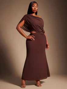 Radiana Plus Size Women's Spring/Summer Fashion Elegant Long Dress, Asymmetrical Drape One-Shoulder Design, Combining Goddess Style And Greek-Inspired Pleated Details - Brown - View 4