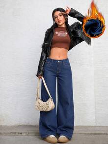 SHEIN ICON 女款時尚百搭鈕扣口袋牛仔褲 - 藍色 - 查看 3