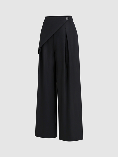 Sweetra Pantalones de mujer de cintura media con diseño asimétrico y envolvente, pantalones largos plisados negros resistentes a las arrugas, pantalones sueltos y fluidos para oficina formal y fiestas