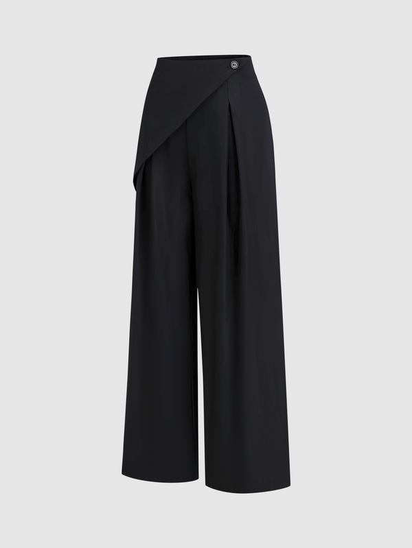 Sweetra Pantaloni dama cu talie medie, asimetrici, cu învelire și croială largă, negri, plisăți, rezistenți la șifonare, lungi, eleganți, own-business, pentru birou, largi și fluidi, pentru petreceri