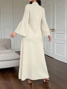 DAZY Women's Elegant Commute Solid Color Bell Sleeve Blouse & Skirt 2 Pieces Set - White - View 3