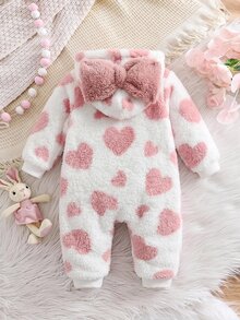 SHEIN 新生女嬰可愛秋冬款毛茸茸愛心圖案連帽連身衣居家服 - 粉色 - 查看 3