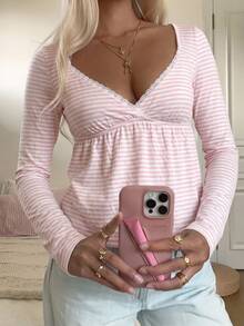 CovetEZ Women's Lace Striped Long Sleeve Casual T-Shirt - Pink - View 1