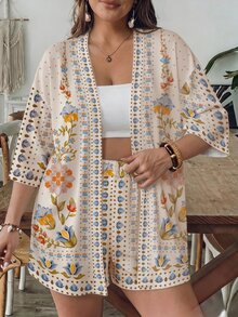 Freevana Plus Size Women's Floral Print 2 Pieces Vacation Set, Short Sleeve Shirt And Shorts Outfit - Multicolor - View 5