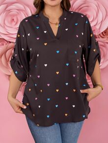 SHEIN LUNE 大尺碼女款愛心印花缺口V領捲袖休閒襯衫 - 棕色 - 查看 3