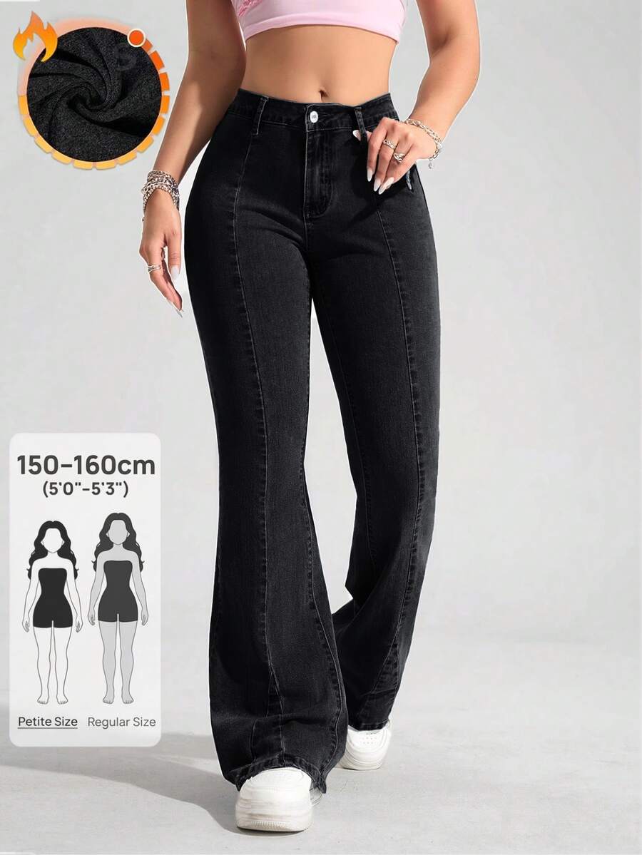SHEIN PETITE 女款休閒百搭喇叭牛仔褲 - 黑色 - 查看 1
