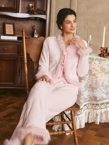 Côtesoire Women's Shiny Velvet Striped Long Sleeve Pants Pajama Set - Dusty Pink - View 6