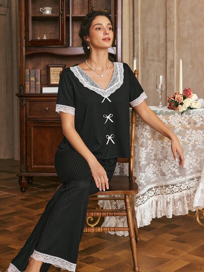 Côtesoire Women's French Romantic Minimalist Lace Bow Decor Lapel Short Sleeve Long Pants Pajama Set