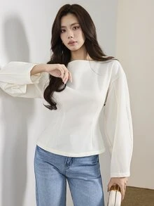 Heiryn Women's Elegant Commute Solid Color Waist-Cinching Blouse - White - View 2