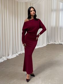 Aloruh Vestido largo de manga larga para mujer, nuevo para otoño/invierno, color rojo liso, versátil, elegante, intelectual, minimalista, para oficina y desplazamientos, con cintura ceñida, decoración plisada y corte sirena - Rojo - Ver 6