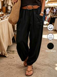 Breezaya Women's Solid Color Pleated Casual Versatile Daily Wear Long Pants - Black - View 1