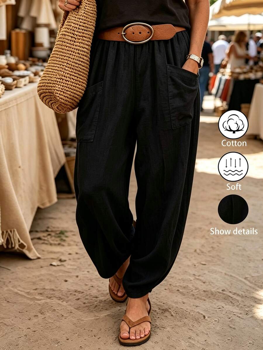 Breezaya Women's Solid Color Pleated Casual Versatile Daily Wear Long Pants - Black - View 1