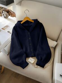 Genkimix Kids Girls' Fashion Casual Fresh Short Solid Color Autumn/Winter Hooded Knit Cardigan Sweater - Navy Blue - View 1