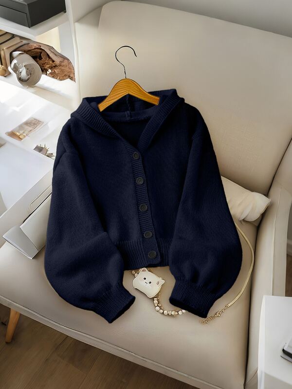Genkimix Kids Kız Çocuk Moda Günlük Fresh Kısa Düz Renk Sonbahar/Kış Kapüşonlu Örme Hırka Kazak