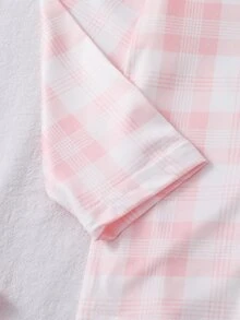 Baby Girl Pink Plaid Lapel Long Sleeve Loungewear Set, Cute Cartoon Expression Rabbit Print Long Sleeve Top And Pants 2-Piece Set - Pink - View 5