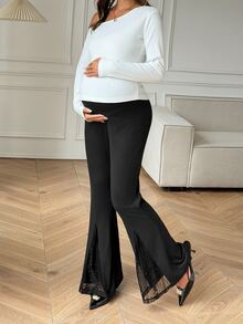 Dazy Maternity Celana Panjang Model Flare dengan Detail Renda Kontras di Bagian Bawah, Celana Hamil Kasual dan Elegan untuk Musim Semi dan Gugur - Hitam - View 7