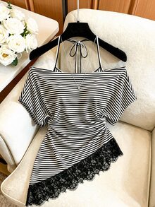 Franclia Women's Striped Contrast Lace Hem Halterneck Halter Neck Top - Multicolor - View 1