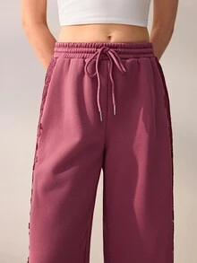 Willow Rêve Women's Purple Loose Straight Leg Patchwork Wide Leg Pants, Side Lace Trim With Drawstring Elastic Waist, Solid Color Casual Romantic Bohemian Style, Suitable For Autumn Vacation And Travel Outfits - Rose Red - View 6