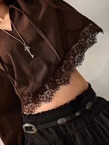 Willow Rêve Women's Brown Fitted Short Chiffon Blouse, Lace Trim With Tie V-Neck Raglan Sleeves, Solid Color Vintage Romantic Bohemian Style, Suitable For Autumn Vacation And Party Outfits - Brown - View 7