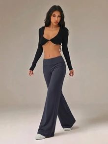 SHEIN PETITE 黑色高腰寬腿寬鬆休閒長褲 - 灰色 - 查看 3
