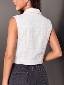 SHEIN Essnce 素色無袖短版牛仔夾克 - 白色 - 查看 2