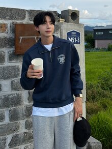 DAZY 男士字母圖案休閒日常長袖運動衫 - 藏蓝色 - 查看 5