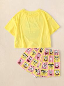 SpongeBob SquarePants | SHEIN Women's Round Neck Short Sleeve T-Shirt And Shorts Pajama Set - Yellow - View 2