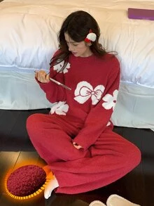 DAZY Autumn/Winter Soft & Cozy Floral Bow Half-Fleece 2 Pieces Pajama Set Loungewear For Women - Red - View 1