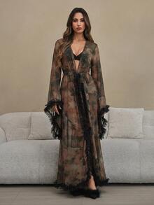 HautHeat Women's Tie-Dye Contrast Mesh Frill Trim Loose Long Nightgown - Coffee Brown - View 3