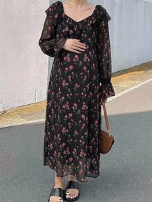 Dazy Maternity Full Ditsy Floral Ruffle Trim Long Sleeve Elegant Vacation Korean Style Spring Autumn Maternity Dress - Black - View 4