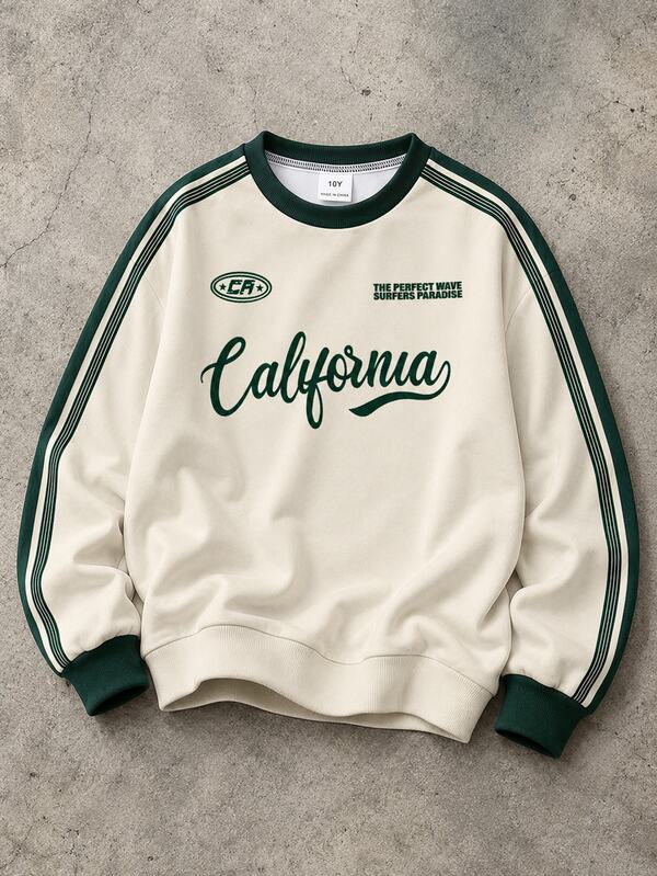 Boys' (Big) Crew Neck Sweatshirt, White Base With Dark Green Ribbed Collar, Cuffs And Hem. Green And White Striped Tape On Sleeves, Multiple Vintage English Print Graphics On Body, Large Handwritten Letters As Main Visual, Casual Style
