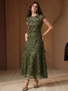 Anewsta Affair Women's Fall/Winter Elegant Sexy Olive Green 3D Applique Sequin Round Neck Cap Sleeve Mid-Length Evening Gown For Wedding Guest Party Ceremony - Green - View 4