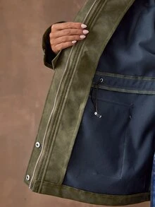 SHEIN BAE Jaket Utility PU Suede Imitasi Warna Hijau Zaitun, Kerah Tegak, Kancing Jepret, Tali Serut di Pinggang dengan Banyak Kantong Berpenutup, Mantel Kasual Gaya Jalanan untuk Musim Gugur dan Musim Dingin - Hijau Tentara - View 8